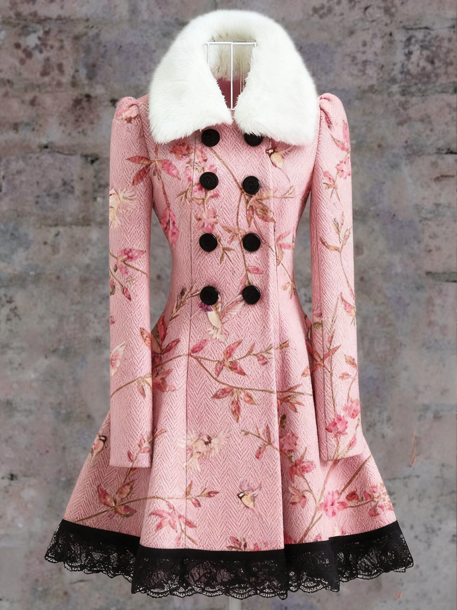 Retro Floral Art Print Vintage Elegance Fur Collar Button Up Long Sleeve Midi Dress